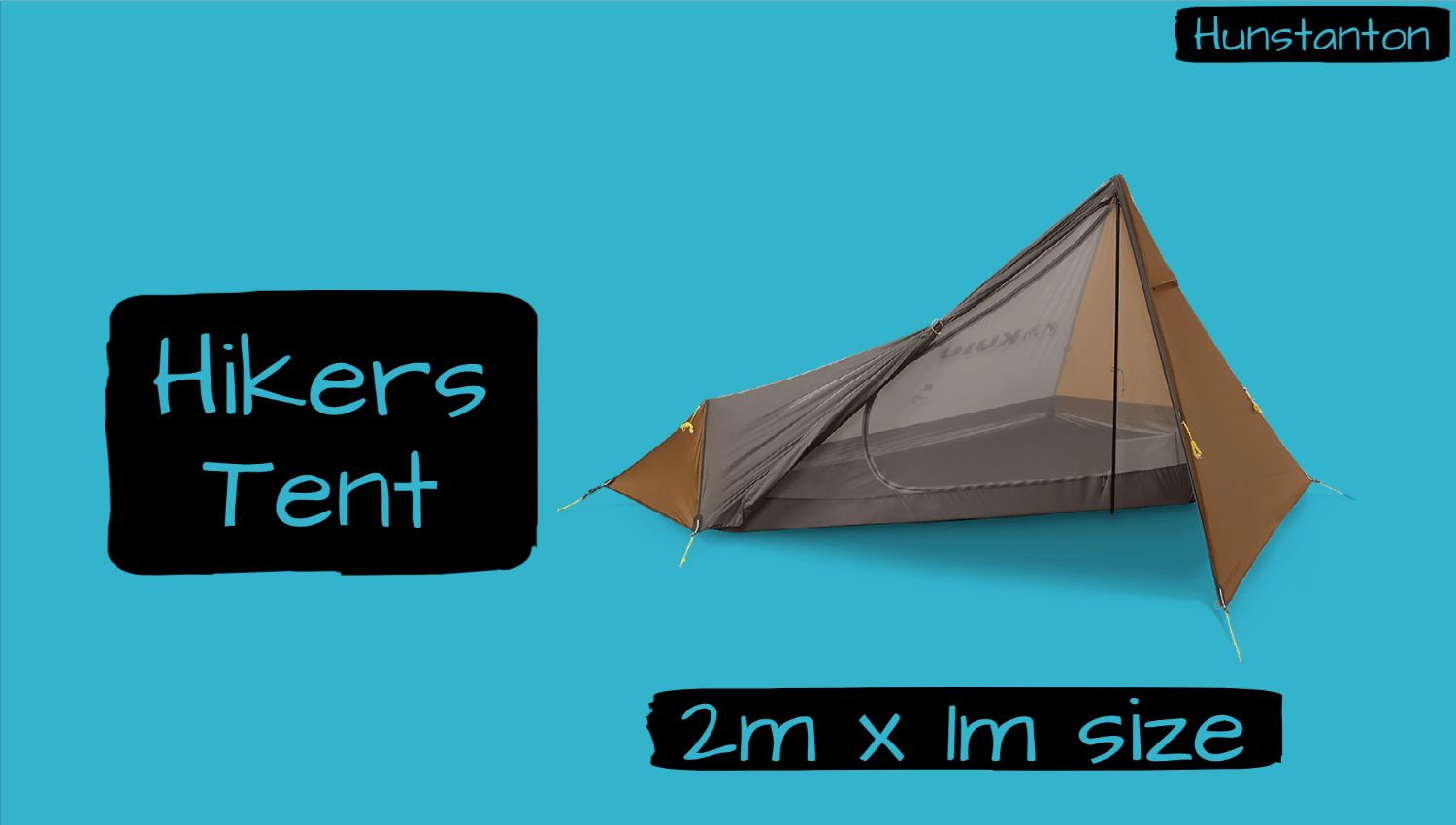 hikers tent on a blue background with sizing
