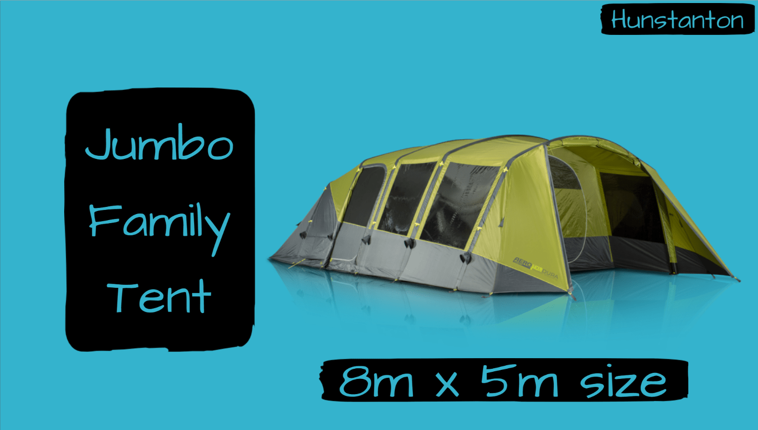Jumbo Family tent on a blue background with sizing