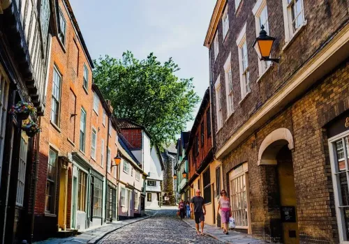 Norwich Shops on a cobbled street