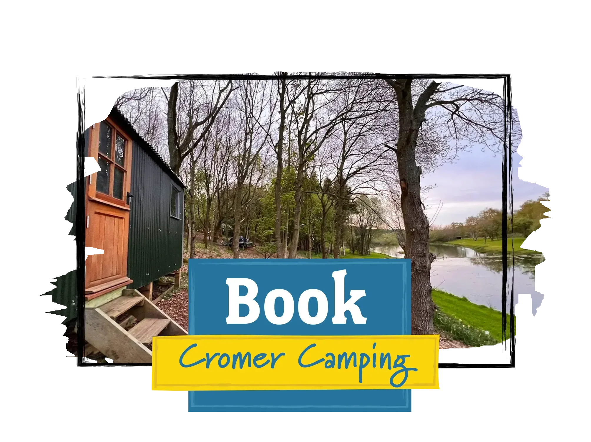 Book Cromer Camping, North Norfolk Glamping lakeside Shepherds Hut, a view of the outside surrounded by lush woodland