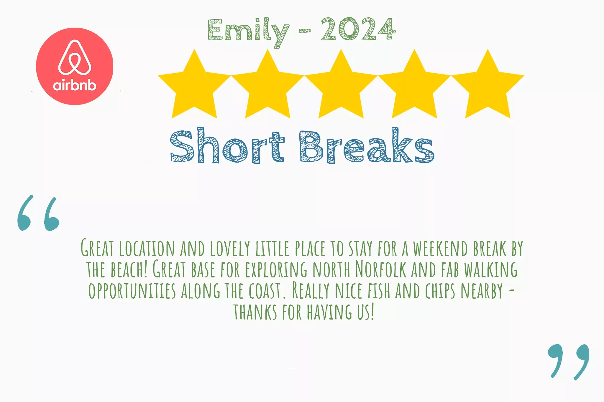 5 star review from Emily on Airbnb saying "Great location and lovely little place to stay for a weekend break by  the beach! Great base for exploring north Norfolk and fab walking  opportunities along the coast. Really nice fish and chips nearby -  thanks for having us!"